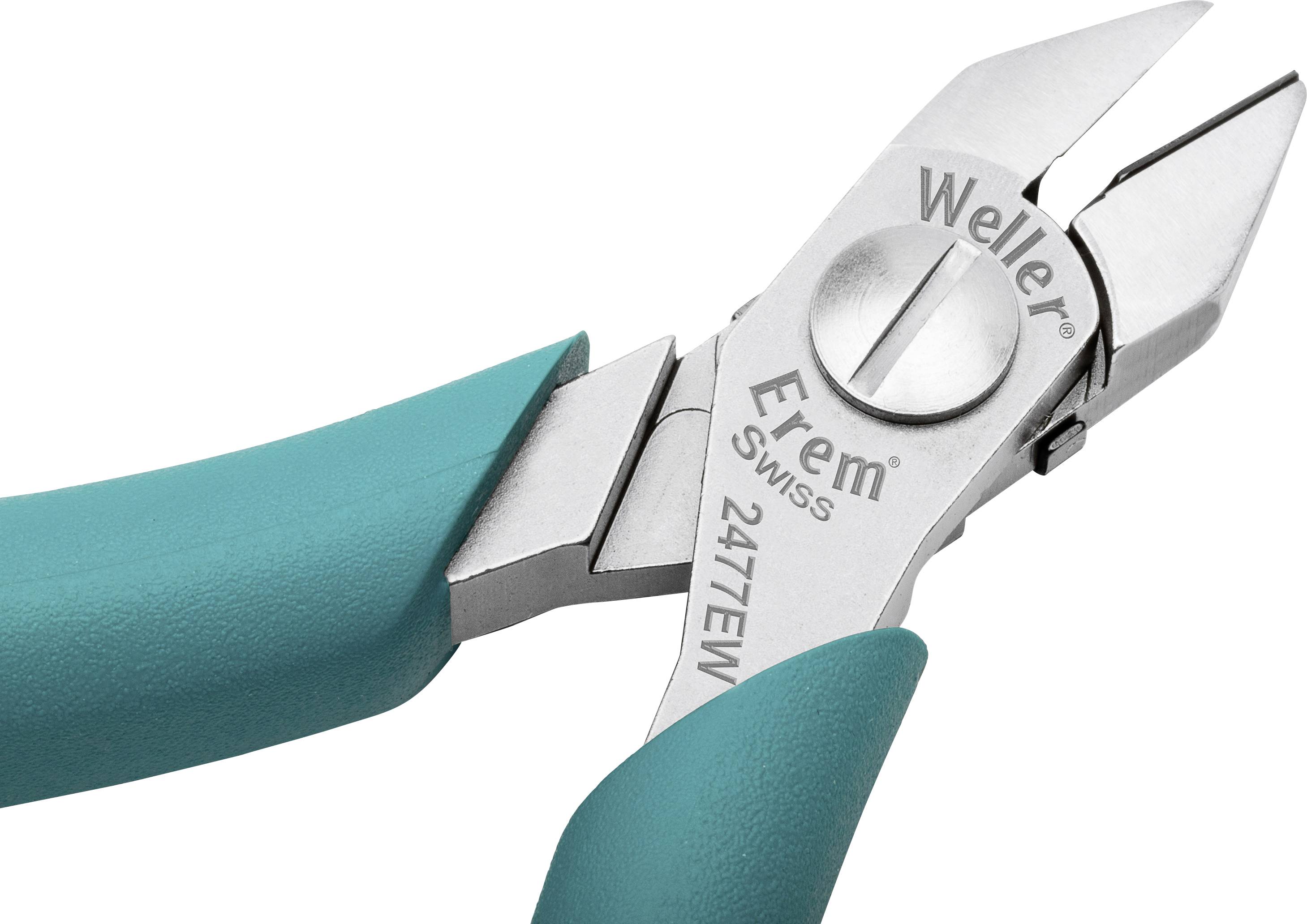 Zielona-czarna precyzyjna szczypce z ostrą główką tnącą i ergonomicznymi uchwytami, używane do precyzyjnych prac cięcia.