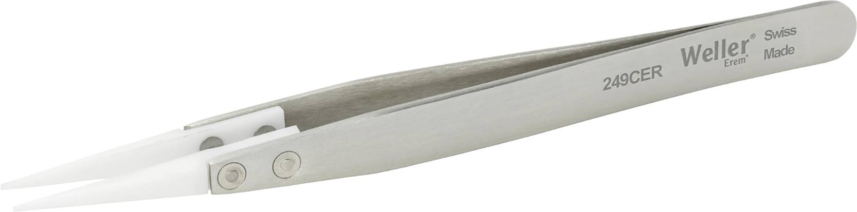 Precyzyjna pęseta metalowa z białymi końcówkami ceramicznymi, oznaczona napisem 'Weller Ever Swiss Made 249CER'.