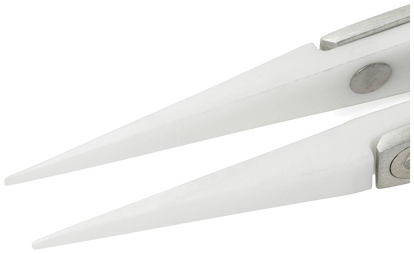 Biała, spiczasta precyzyjna pęseta metalowo-ceramiczna, odpowiednia do prac wymagających dokładności w rzemiośle lub laboratorium.