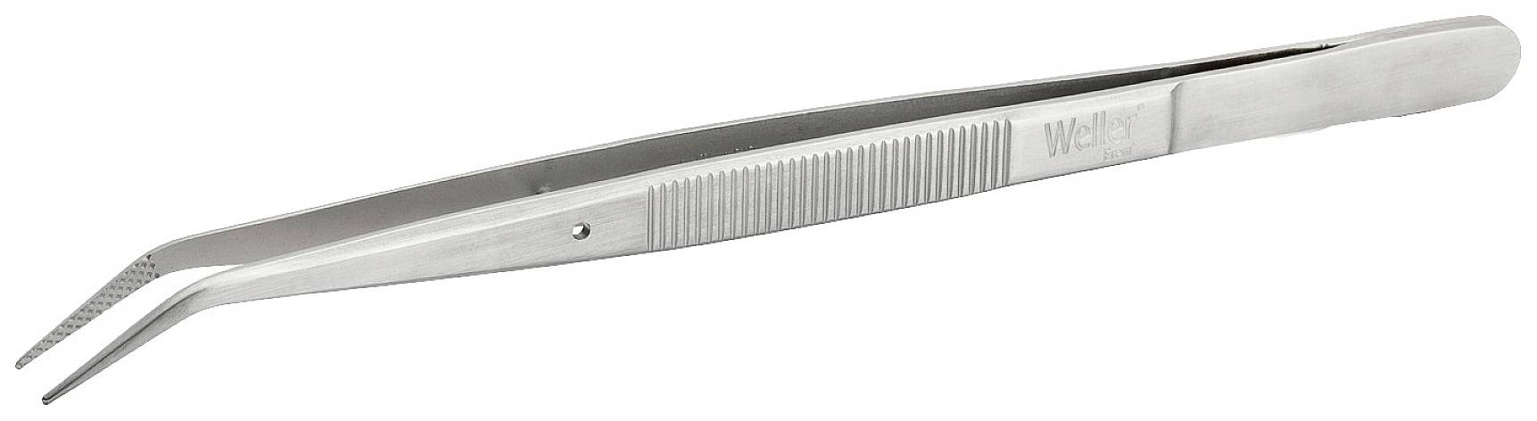 Srebrna pinceta chirurgiczna z delikatnym, prostym zakończeniem, używana do precyzyjnego chwytania małych przedmiotów lub tkanek.