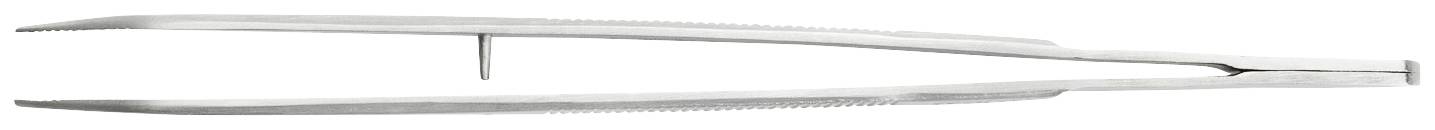 Pęseta metalowa o ostrej końcówce, w układzie poziomym, klinicznie czysta, odpowiednia do precyzyjnego manipulowania małymi obiektami lub zastosowań medycznych.