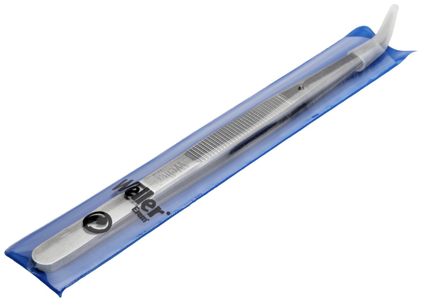 Pęseta w niebieskim opakowaniu. Ma zakrzywione końcówki i jest wykonana z metalu. Na opakowaniu nadrukowana jest marka 'Weller'.