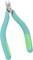 Szczypce z turkusowymi, ergonomicznymi uchwytami i srebrnym ostrzem; odpowiednie do cięcia przewodów lub małych elementów metalowych.
