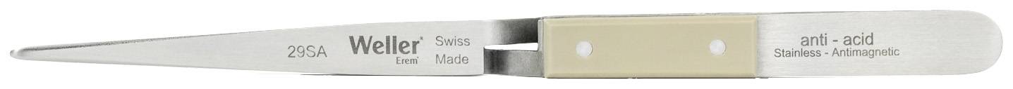 Pęseta ze stali nierdzewnej z napisem 'Weller' i 'anti-acid', nadająca się do precyzyjnych prac i odporna na działanie kwasów.