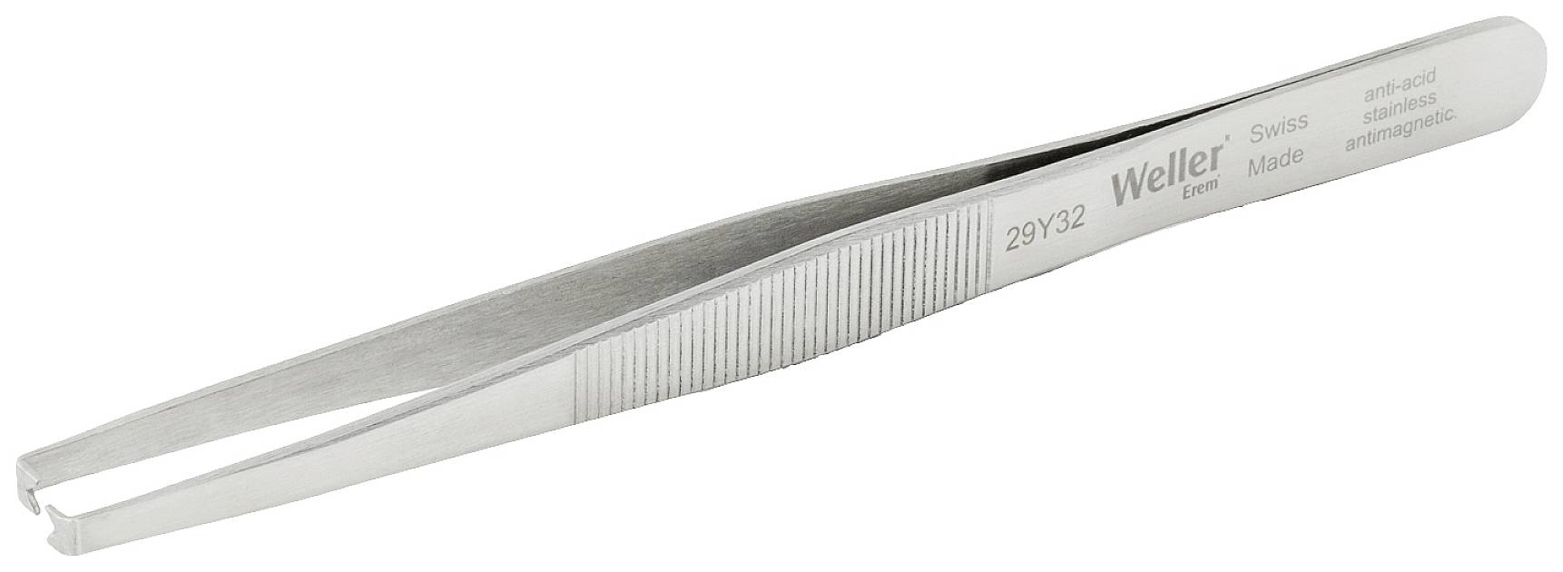 Pęseta metalowa w optyce stali nierdzewnej z ryflowaną strefą uchwytu, marka 'Weller', odpowiednia do prac precyzyjnych.