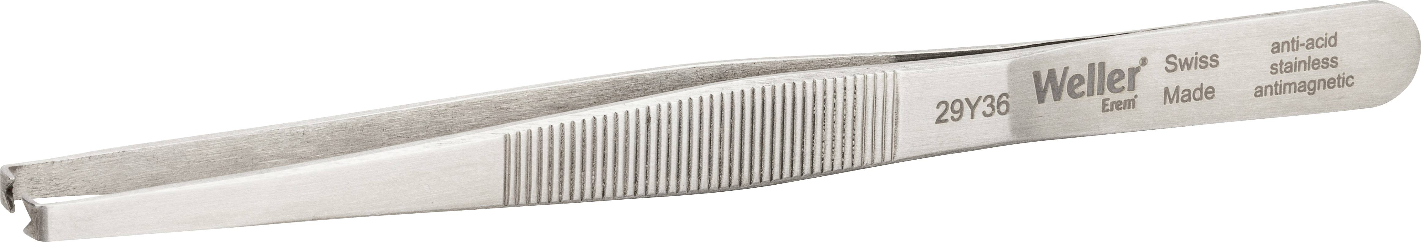Metalowa pęseta o cienkiej końcówce, wygiętym uchwycie i oznakowaniu 'Weller Swiss Made'. Idealna do precyzyjnej manipulacji.