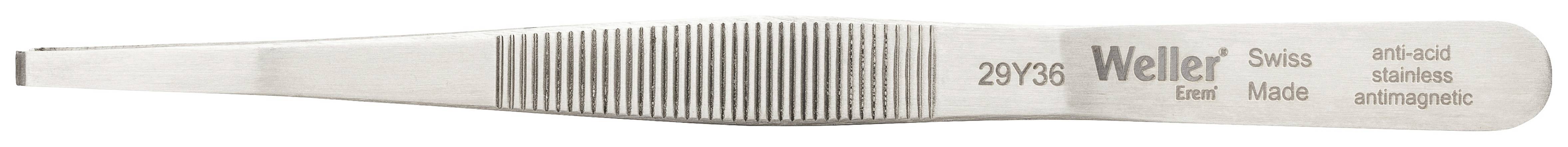 Srebrna pęseta z grawerunkiem 'Swiss Made, anti-acid, stainless, antimagnetic'. Posiada ząbkowaną powierzchnię uchwytu dla lepszej przyczepności.