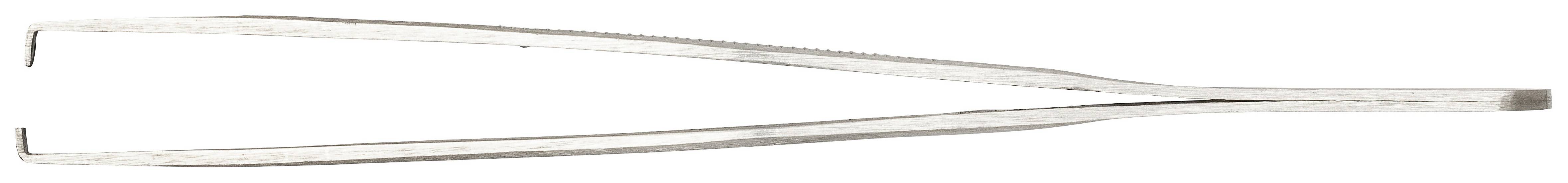 Metalowa pęseta, płaska i podłużna, z fakturowaną powierzchnią dla lepszego chwytu, często stosowana w medycynie i kosmetyce.