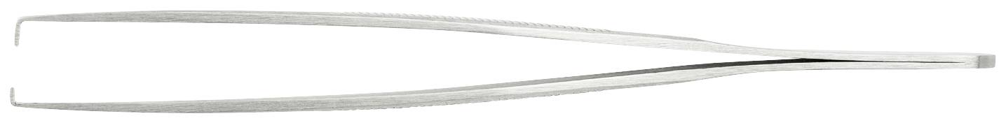 Srebrna pęseta, lekko rozchylona, leży poziomo.