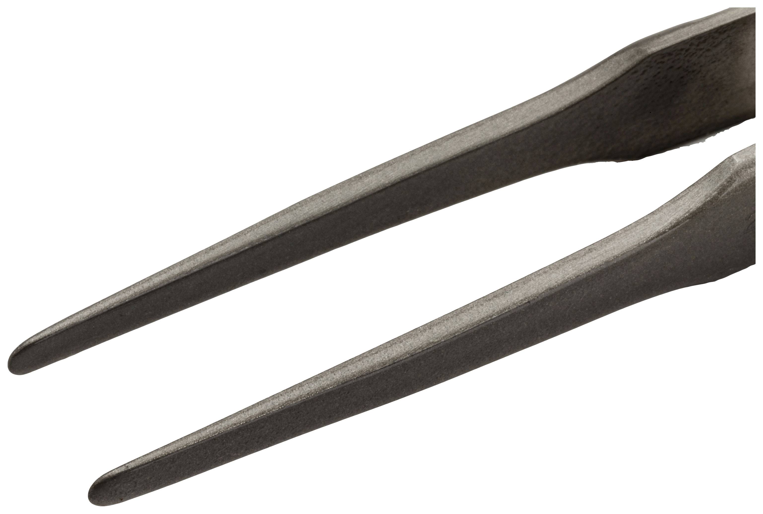 Dwa skrzyżowane metalowe pręty lub zęby narzędzia zakończone ostro.