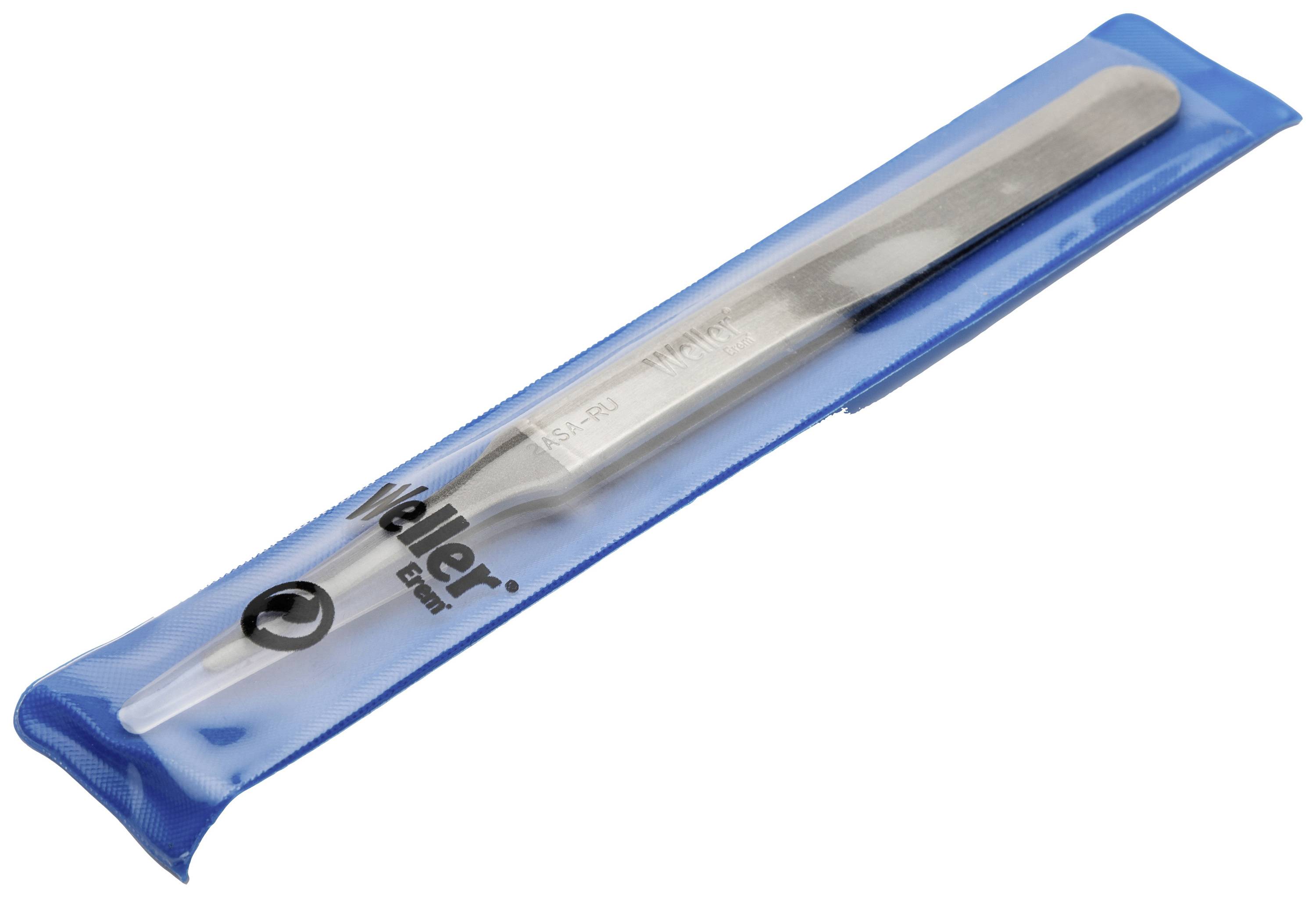 Metalowa pinceta w niebieskim opakowaniu z tworzywa sztucznego, z widoczną nazwą marki 'Weller Erem' na opakowaniu.