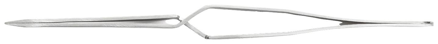 Srebrna pęseta o wąskich końcówkach, lekko rozchylona, leżąca na białej powierzchni.