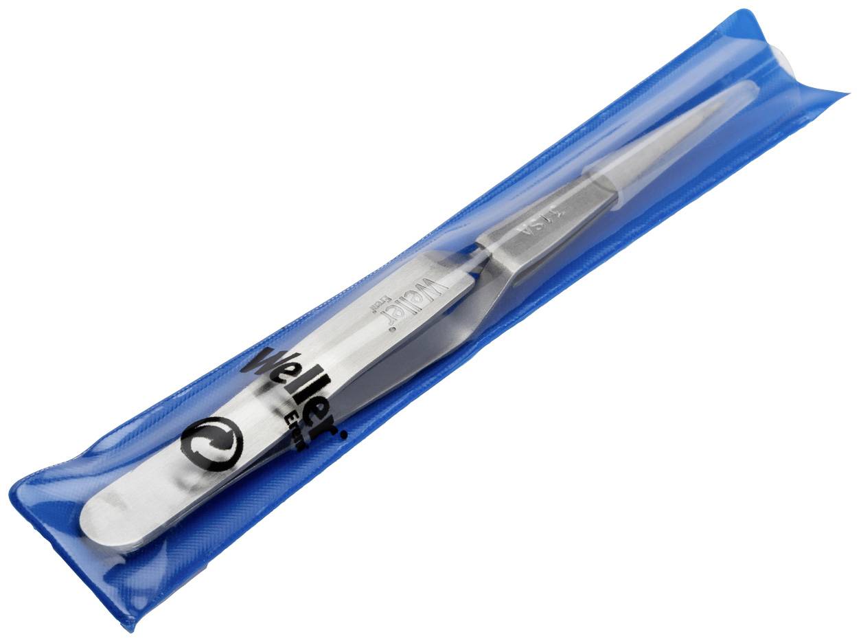 Pinceta w niebieskim opakowaniu z tworzywa sztucznego. Na opakowaniu widoczne oznaczenie 'Weller' oraz logo w kształcie koła.