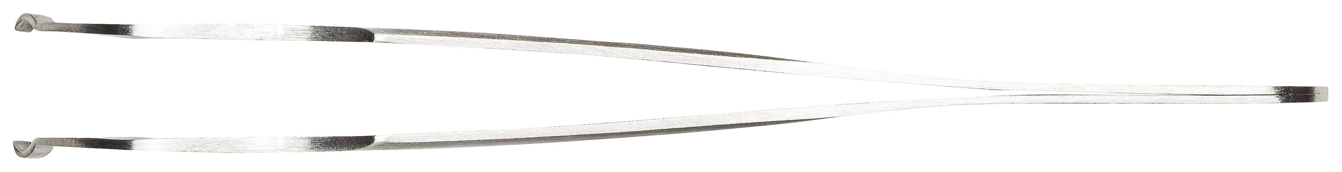 Srebrna pinceta z ukośnie ściętymi końcówkami leży poziomo. Odpowiednia do chwytania i manipulowania małymi obiektami.