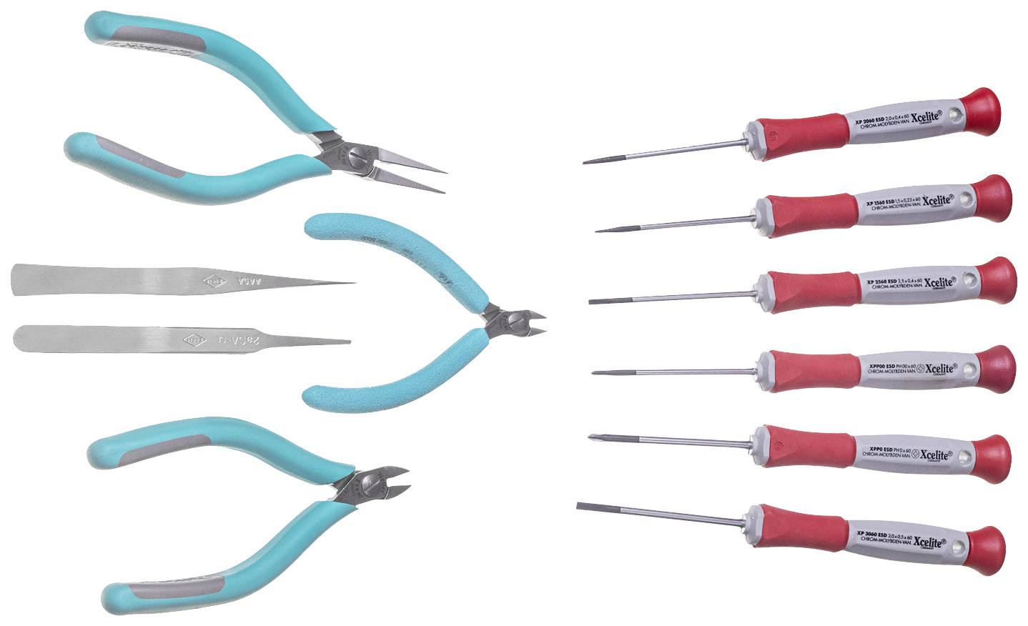 Dwie szczypce i dwie pęsety po lewej stronie, sześć precyzyjnych wkrętaków z czerwonymi uchwytami po prawej stronie. Narzędzia ułożone w rzędach.