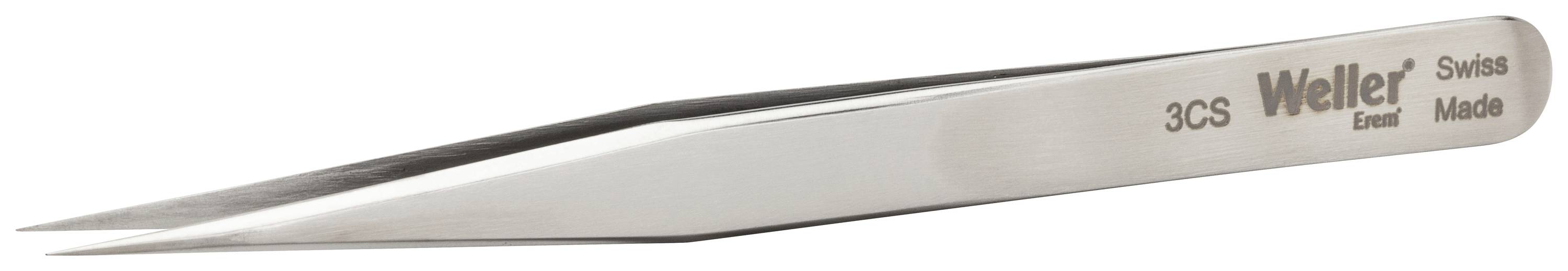 Pęseta ze stali nierdzewnej marki Weller o spiczastym zakończeniu z grawerem 'Weller Excelta Swiss Made'. Odpowiednia do precyzyjnych prac.