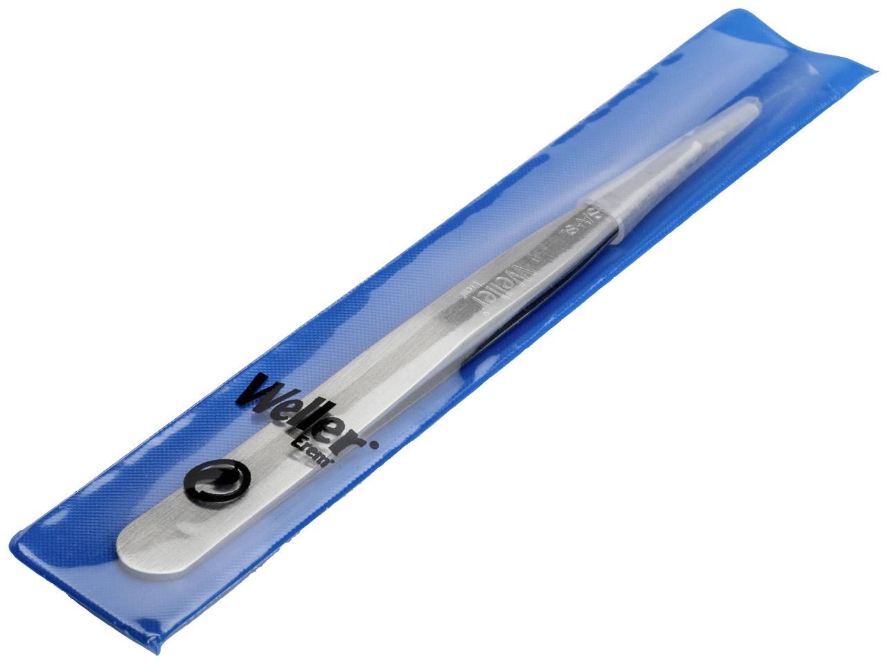 Pęseta srebrna w niebieskim opakowaniu z tworzywa sztucznego marki 'Weller'.