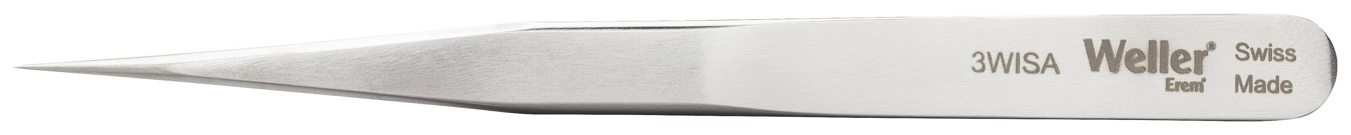 Zbliżenie metalowej pincety z napisem 'Weller Swiss Made'. Cienkie, precyzyjne końcówki do delikatnych prac, w kolorze srebrnym.