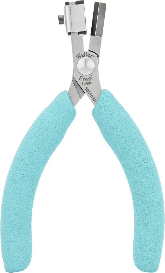 Niebiesko-zielone szczypce z metalowymi ostrzami, odpowiednie do precyzyjnych prac elektronicznych. Nadruk marki na podstawie ostrza.