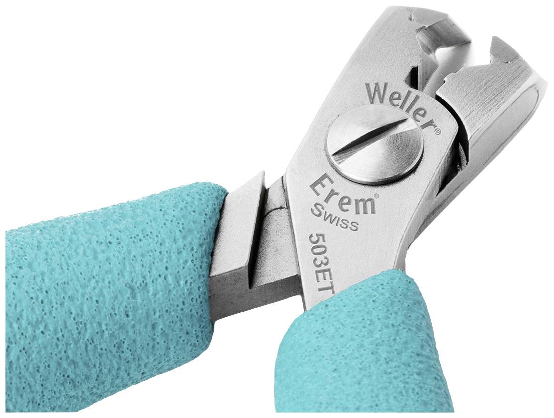 Zbliżenie narzędzia tnącego Erem z turkusowymi uchwytami i napisem 'Weller Erem Swiss 503ET' na metalowym ostrzu.