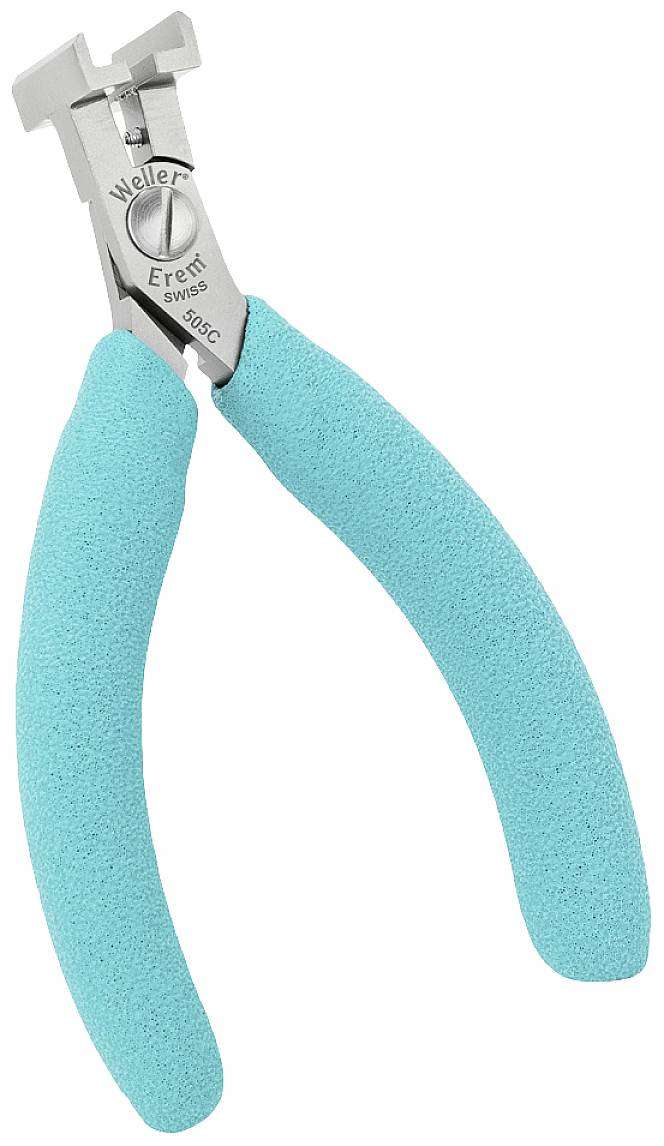 Obcinacz do drutu z niebieskimi ergonomicznymi uchwytami, odpowiedni do precyzyjnego cięcia cienkich przewodów lub elementów metalowych.