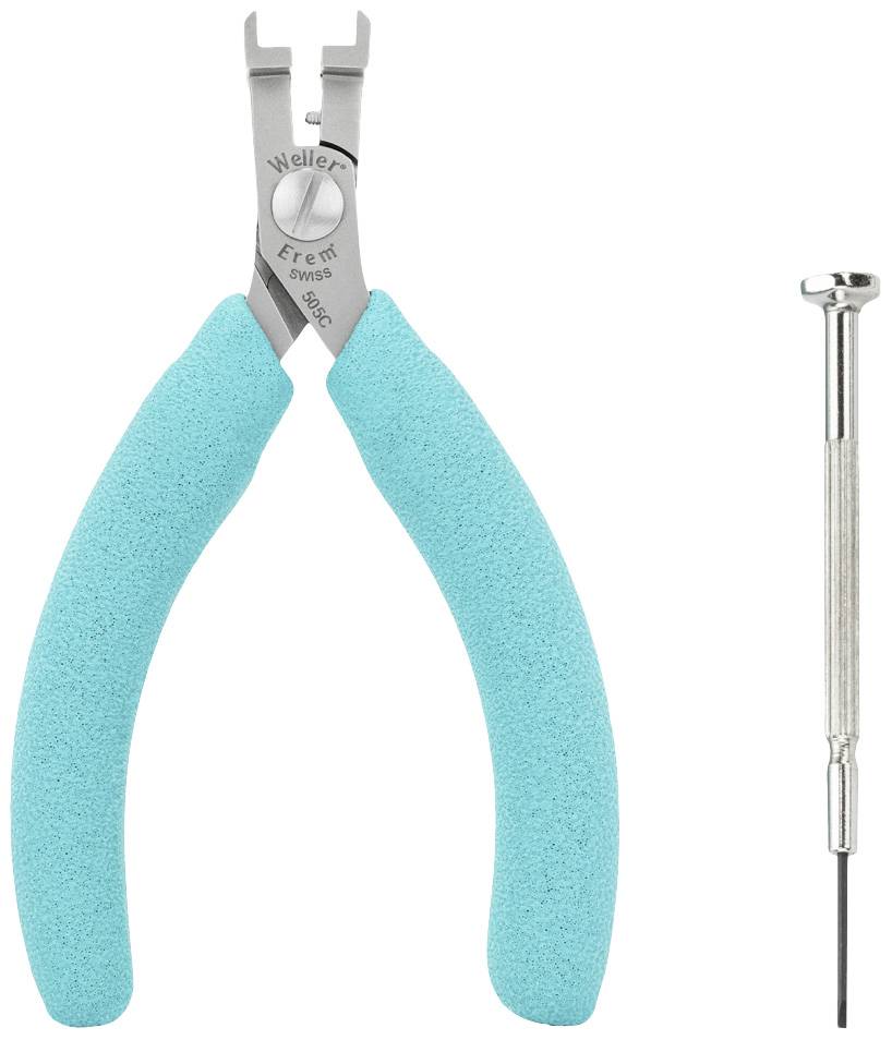 Szczypce z turkusowymi uchwytami obok małej śrubokrętu. Oba narzędzia wykonane z metalu.