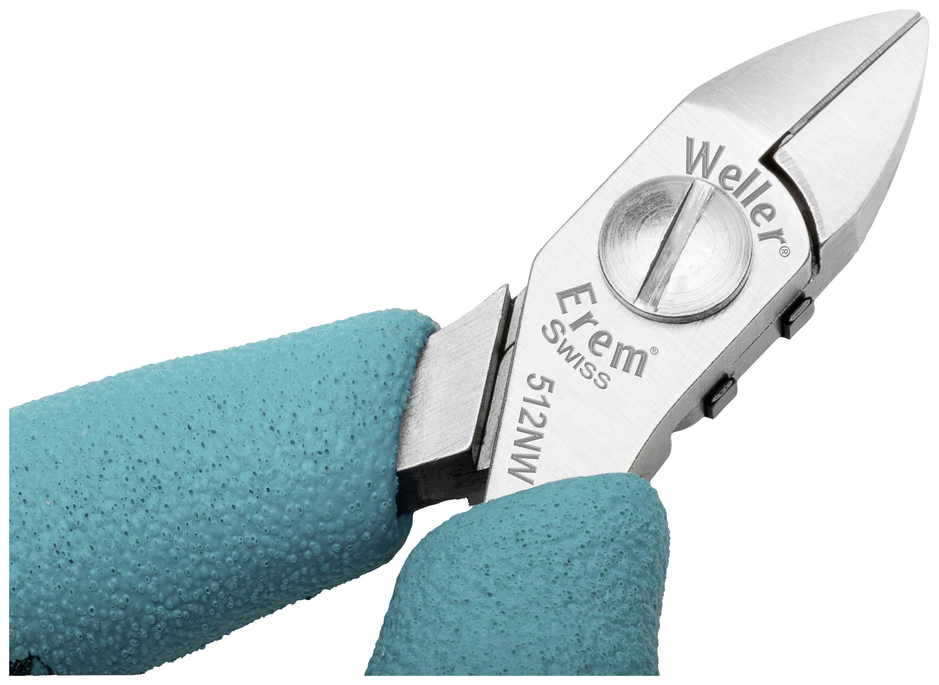 Zbliżenie niebieskich szczypiec z metalową powierzchnią tnącą. Na szczypicach widnieje napis 'Weller Erem Swiss 512NW'.