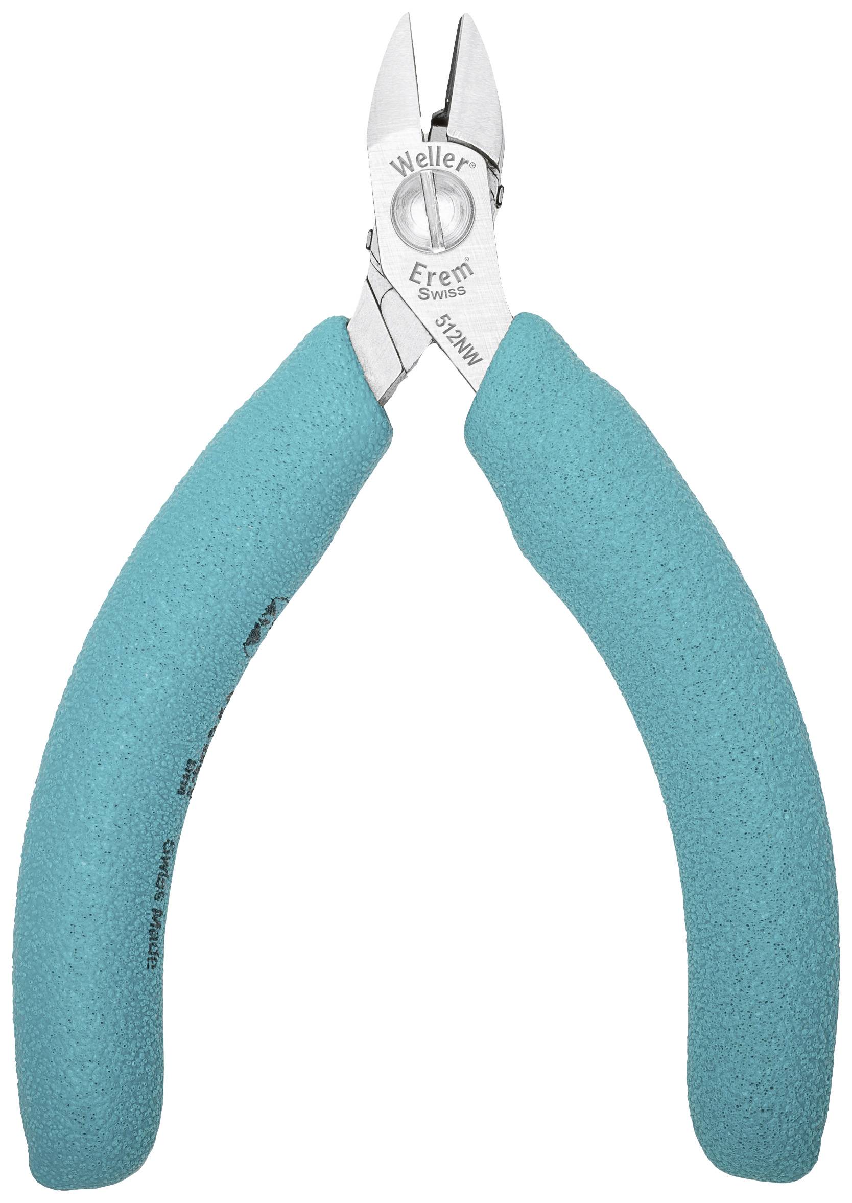 Obcinacz boczny z turkusowymi rękojeściami, odpowiedni do cięcia przewodów.