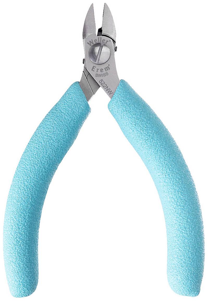 Jedna para niebiesko-zielonych szczypiec bocznych z ostrymi metalowymi ostrzami do cięcia przewodów lub cienkich elementów metalowych.