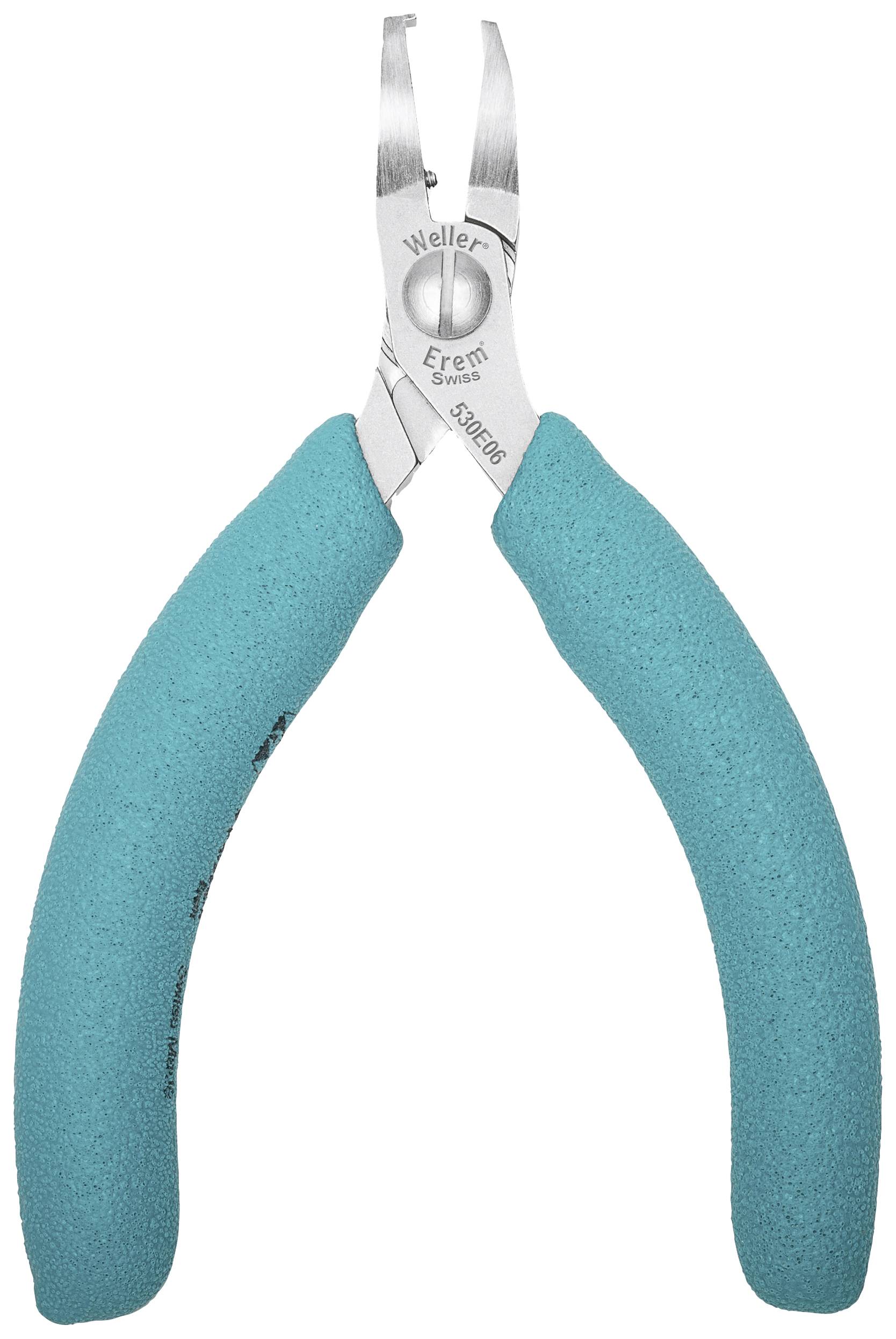 Precyzyjna szczypce z turkusowymi uchwytami, z góry otwartymi szczękami. Narzędzie marki 'Weller Erem Szwajcaria'.