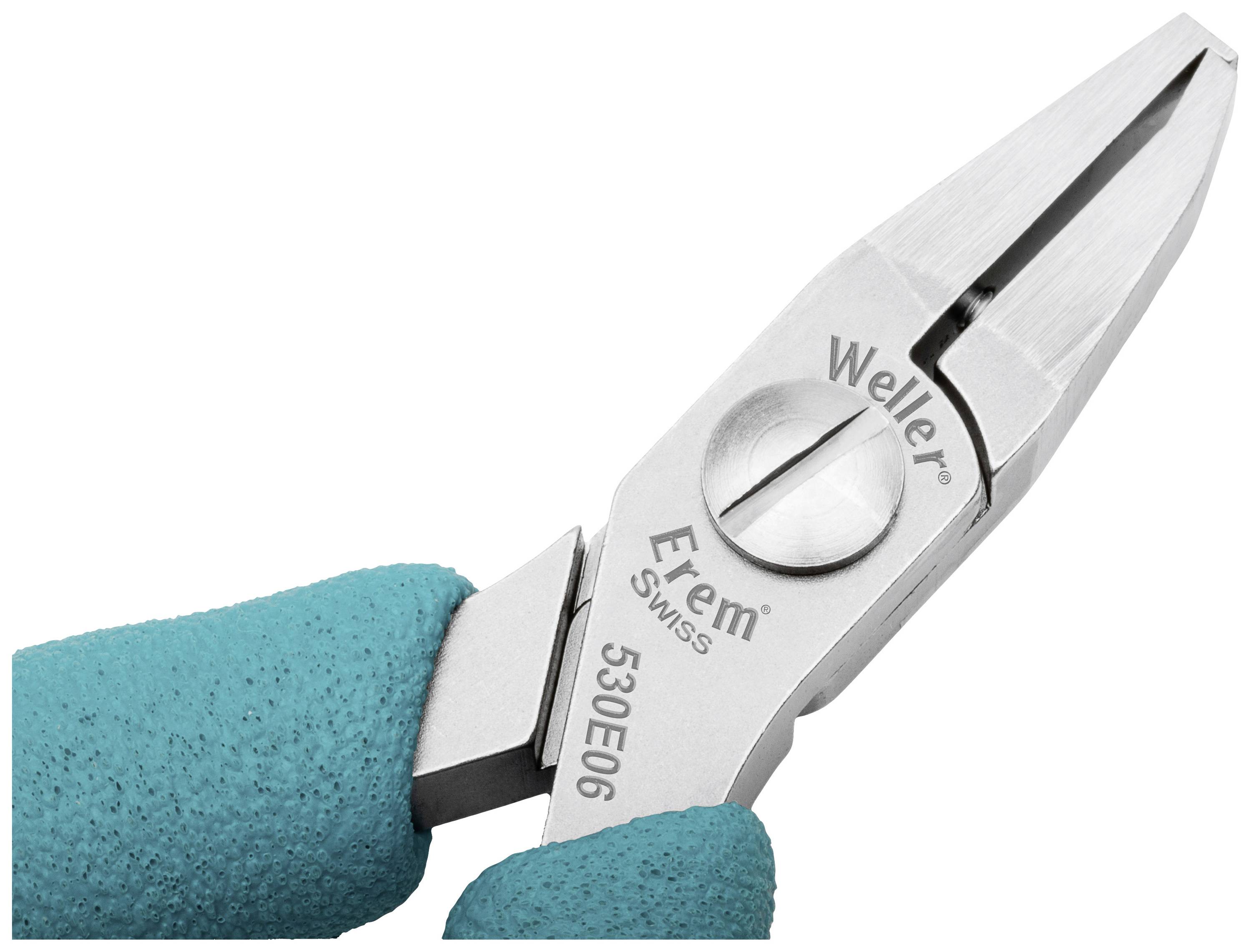Obcinacz Weller Erem, model 530E06, z turkusową rękojeścią, prezentuje zamknięte ostrze wykonane ze stali nierdzewnej.