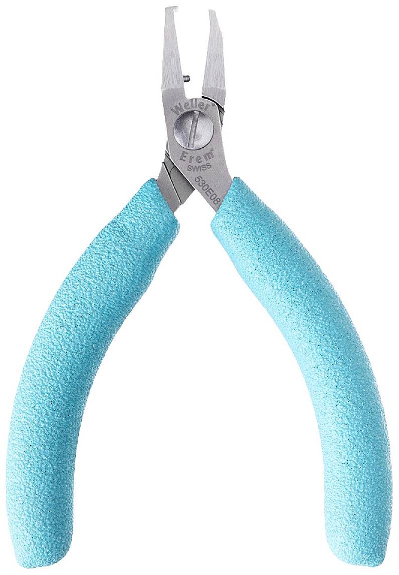 Szczypce z turkusowymi uchwytami i srebrnymi, zwężającymi się szczękami, odpowiednie do precyzyjnych prac takich jak wytwarzanie biżuterii lub elektronika.