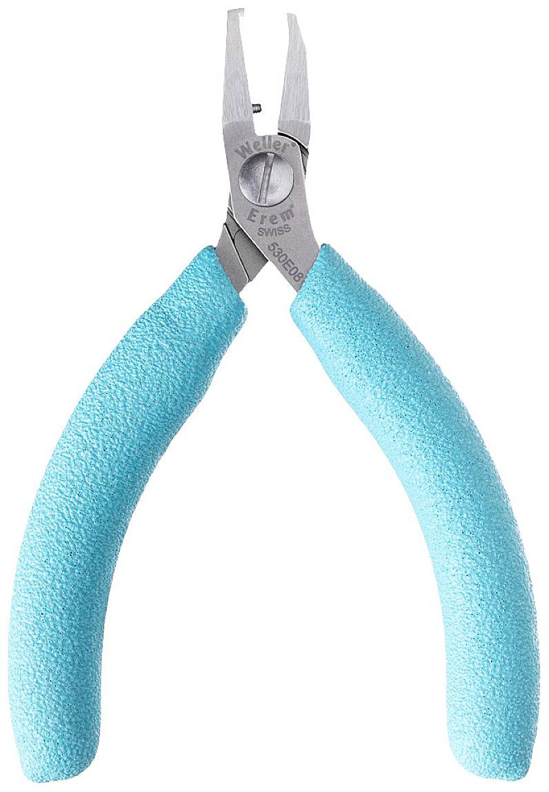Szczypce z niebieskimi uchwytami, odpowiednie do precyzyjnego cięcia lub gięcia drutu i materiałów.