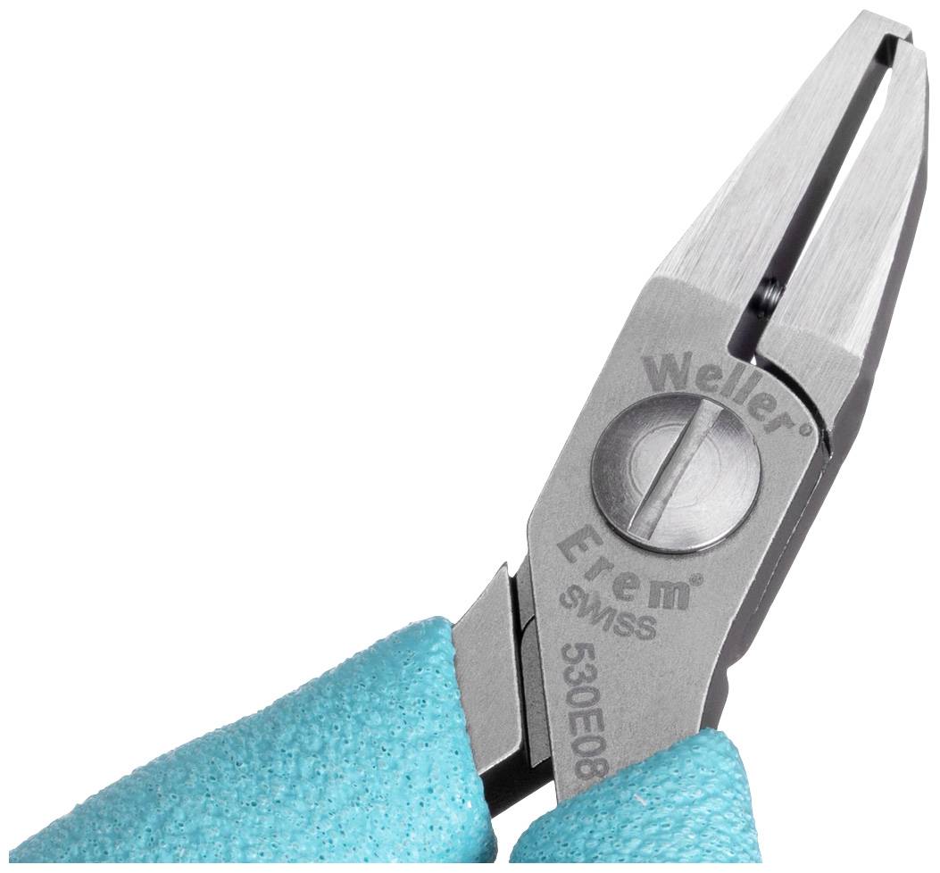 Zbliżenie szczypiec metalowych z niebieskimi uchwytami. Na szczypciach widnieje napis 'Weller Erem Switzerland'.