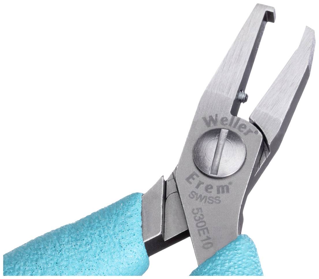 Zbliżenie małych szczypiec marki Weller Erem, model 530E/10, z niebieskimi uchwytami. Idealne do precyzyjnych prac cięcia.