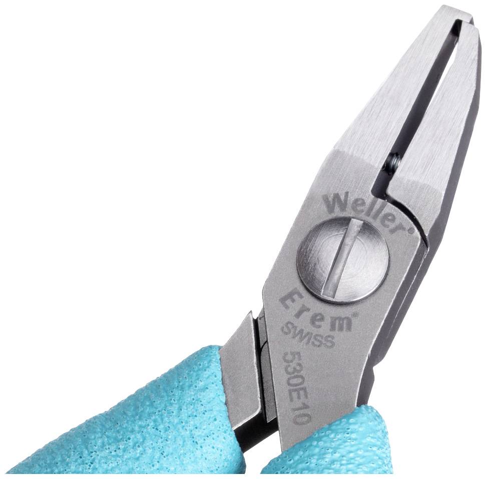 Obcinaczki boczne z niebieskimi uchwytami, przeznaczone do cięcia przewodów. Na narzędziu widoczny jest znak firmowy 'Weller Erem' oraz numer modelu.