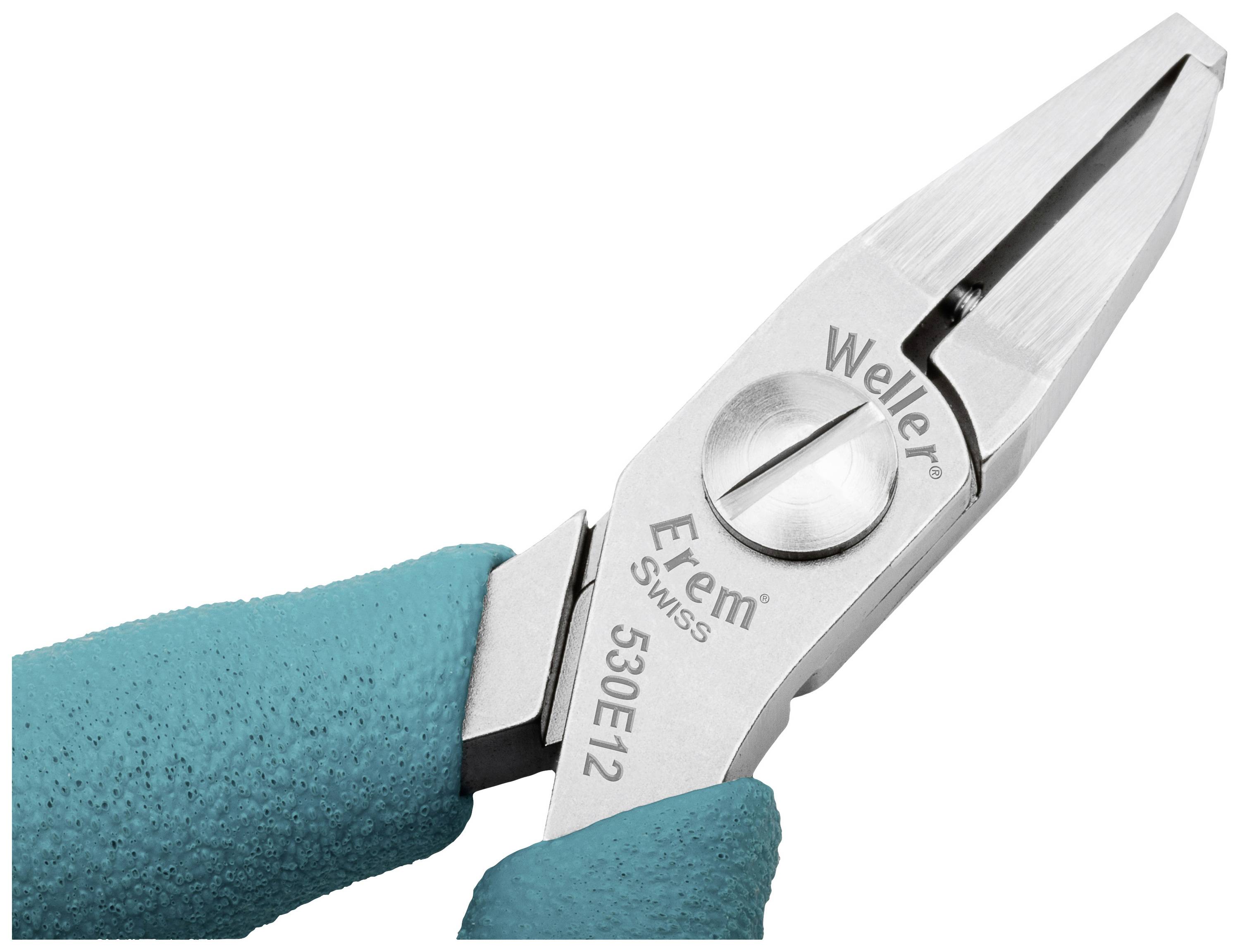 Szczypce z bliska, z turkusową rączką. Widoczne oznaczenia 'Erem' i 'Weller'.