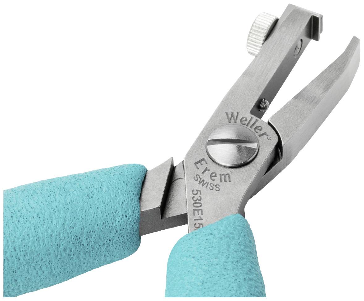Szczypce tnące z turkusowymi uchwytami i metalowymi ostrzami, przeznaczone do precyzyjnego cięcia cienkich przewodów lub małych elementów.