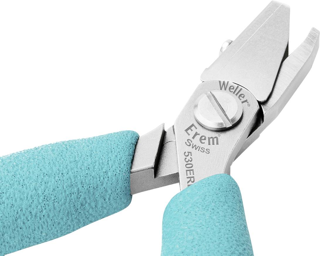 Szczypce z uchwytami w kolorze turkusowym, srebrne ostrze. Napis 'Erem Swiss' i 'Weller' na metalu.