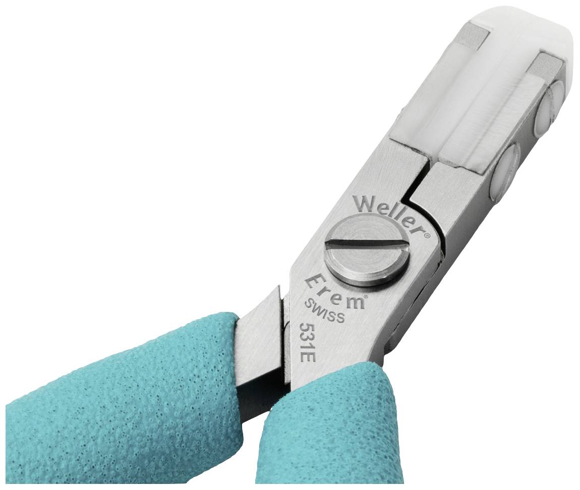 Srebrne precyzyjne szczypce z niebieskimi uchwytami, idealne do delikatnych prac cięciowych. Na szczypcach widnieje napis 'Weller Erem 531E'.
