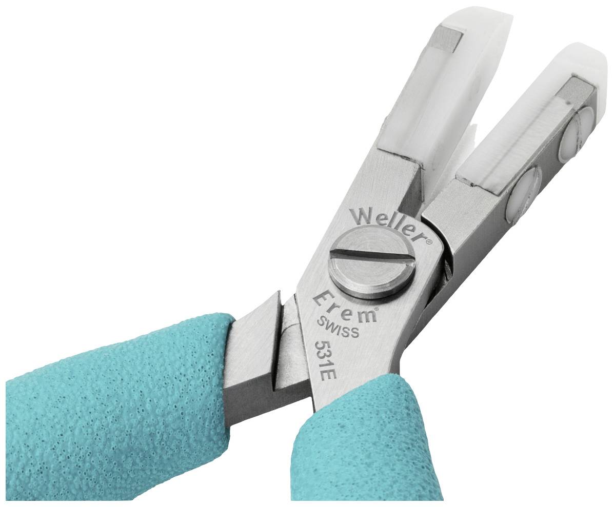 Para niebieskich szczypiec z rękojeściami, wyprodukowanych przez firmę Erem, z oznaczeniami 'Weller' i 'Swiss 531E' na trzpieniu.
