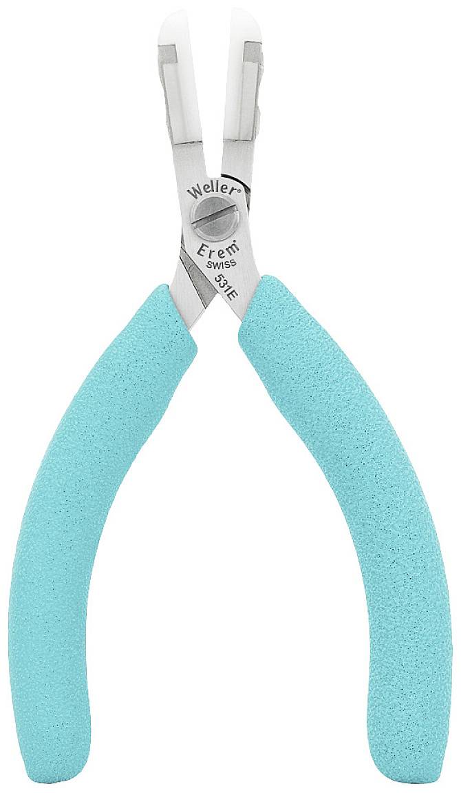 Małe szczypce z turkusowymi uchwytami z napisem 'Weller Erem Swiss 531E' na metalu. Odpowiednie do precyzyjnych prac.