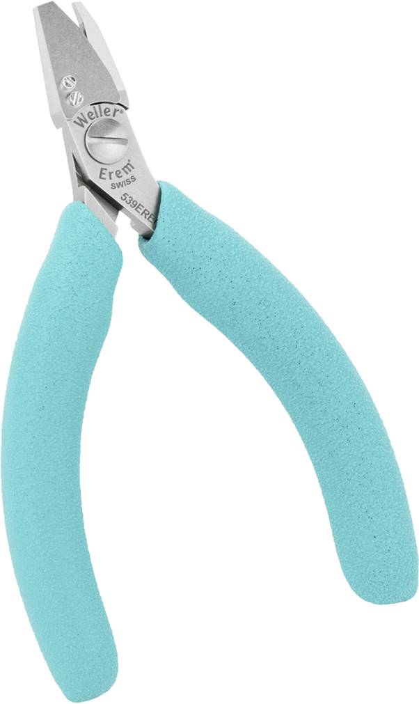 Szczypce z niebieskim, wyściełanym uchwytem i srebrną głowicą. Odpowiednie do precyzyjnych prac cięcia w elektronice lub rzemiośle.