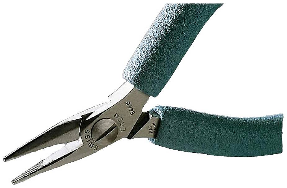 Szczypce z zielonymi uchwytami i srebrnymi szczękami, używane do chwytania i cięcia podczas prac rzemieślniczych.