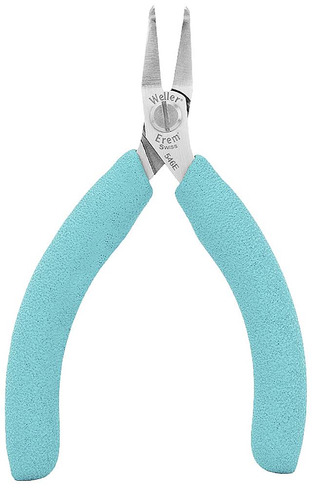 Szczypce z turkusowymi uchwytami i wąskimi metalowymi szczękami, odpowiednie do precyzyjnych prac w elektronice lub mechanice precyzyjnej.