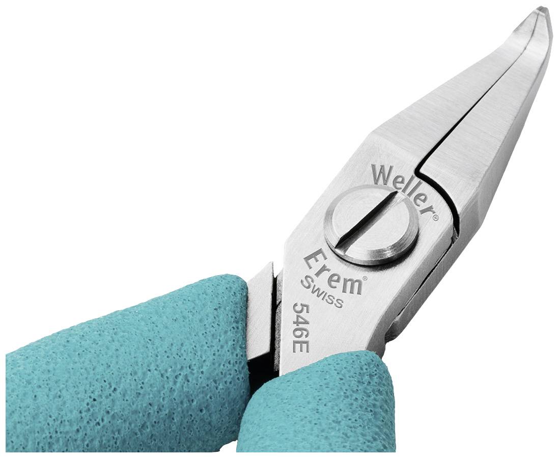 Szczypce szpiczaste z niebieskimi nakładkami na uchwyty i grawerunkami 'Weller-Erem SWISS 546E', trzymane przez jedną rękę.