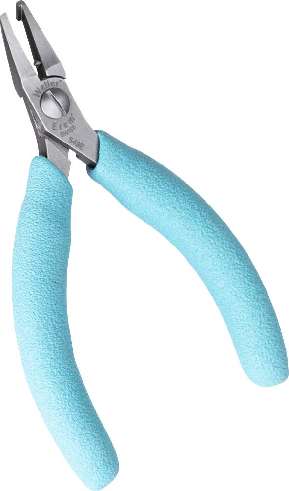 Szczypce z turkusowymi uchwytami i srebrnym zakończeniem leżą na białym tle.