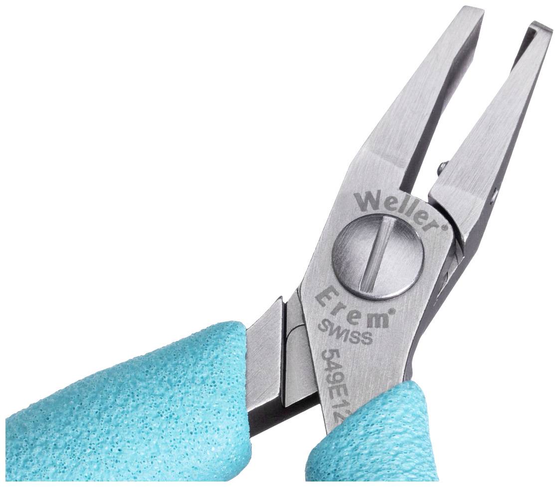 Precyzyjna szczypce z niebieskimi uchwytami, na których widnieje napis 'Weller Erem Swiss', nadające się do delikatnych prac, takich jak montaż elektroniczny.