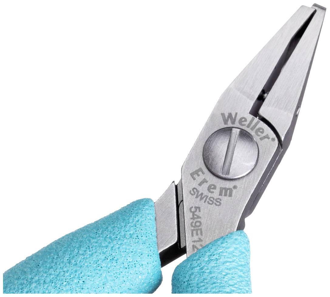 Srebrne szczypce z niebieskimi uchwytami, na których wygrawerowana jest nazwa marki 'Weller Erem 579E'.