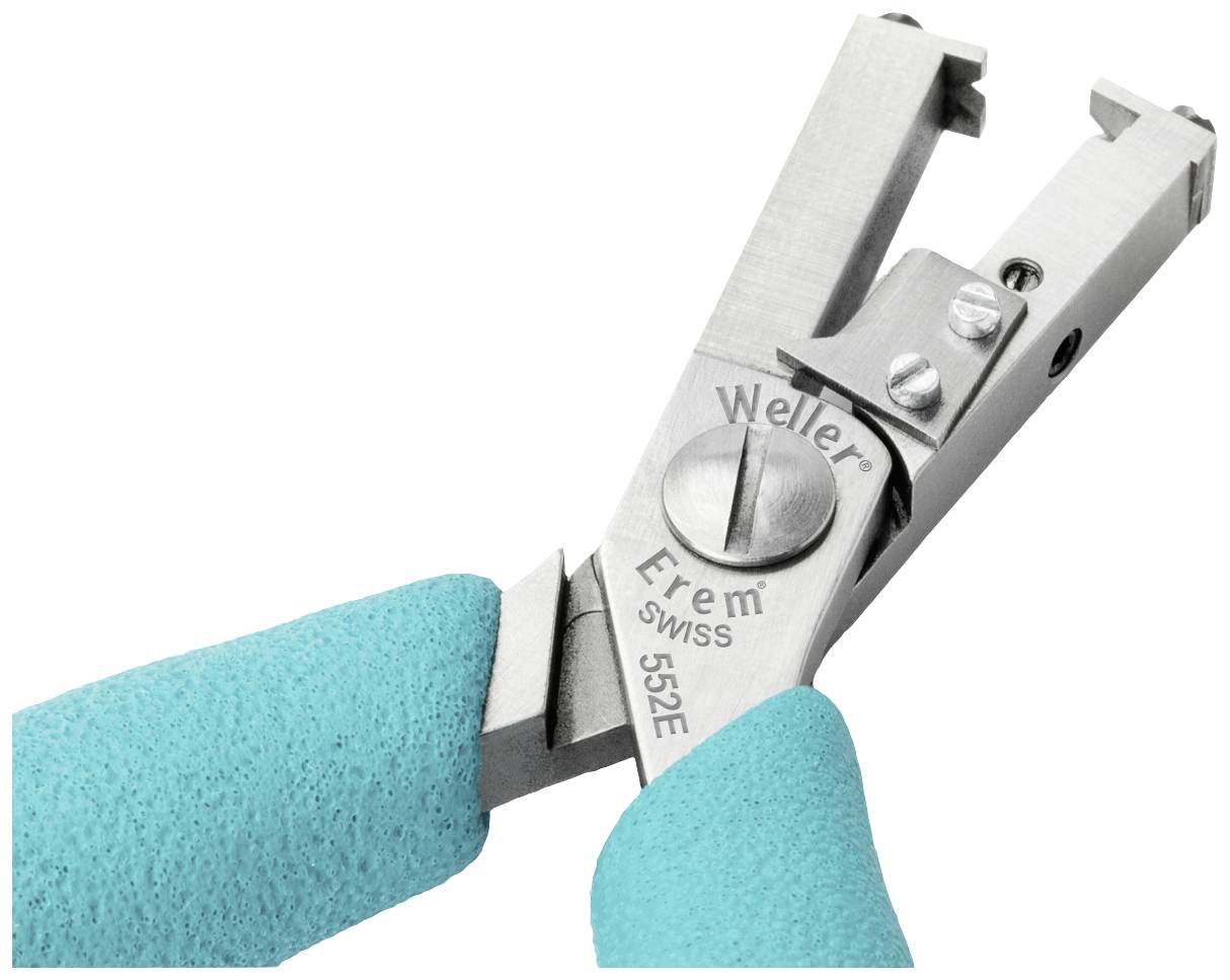 Szczypce precyzyjne z turkusowymi rękojeściami, odpowiednie do prac wymagających dokładności. Na szczypcach wygrawerowana jest marka 'Weller Erem'.